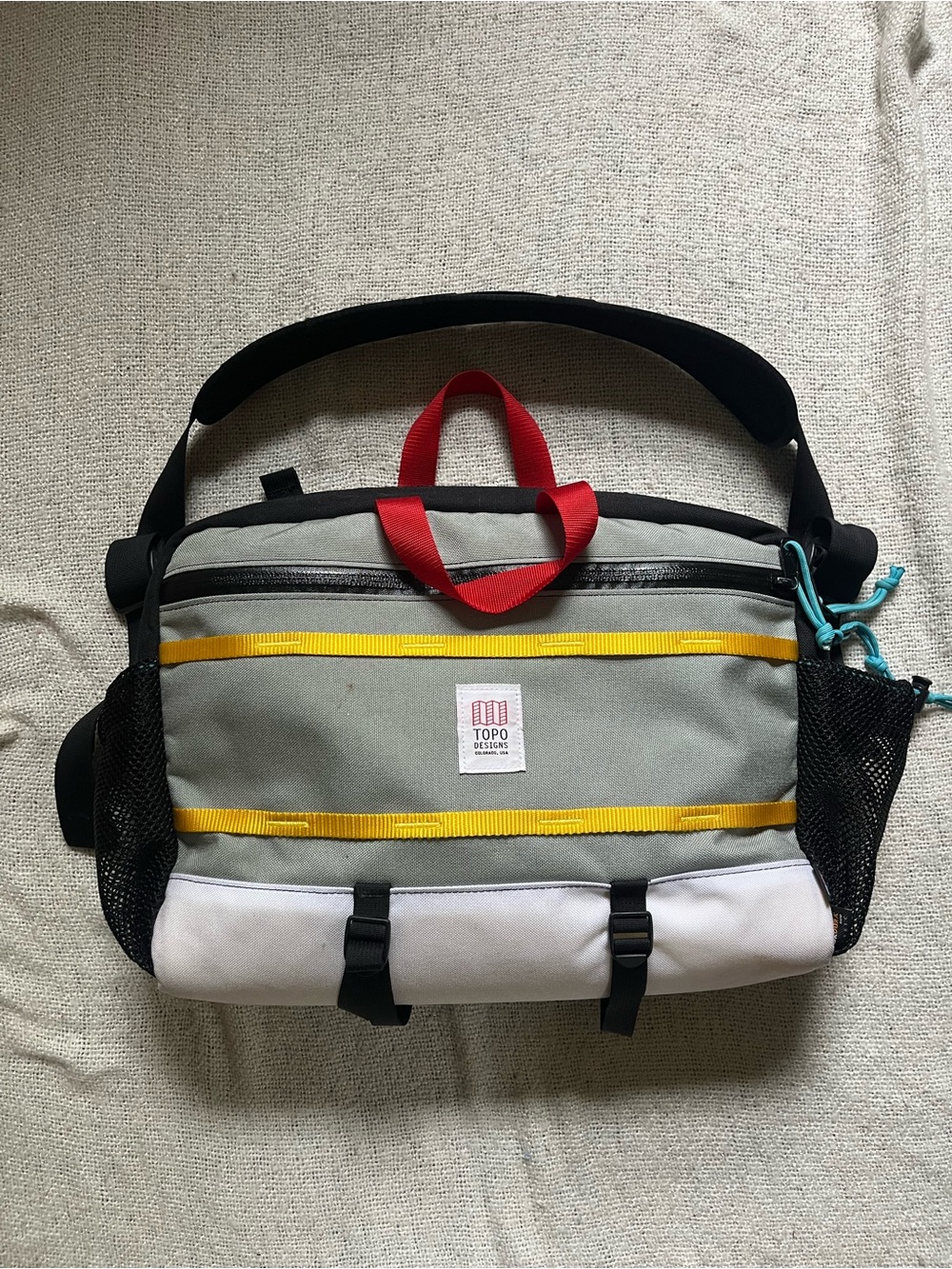Topo Designs unisex Gray & White Crossbody Messenger Bag with Yellow Accents